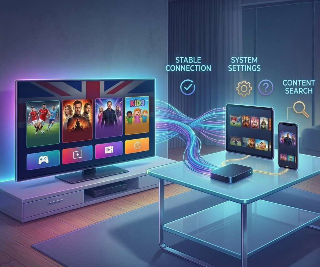 Sky Glass IPTV streaming service setup showing Smart TV, tablet, and mobile devices connected for UK live TV and entertainment streaming.