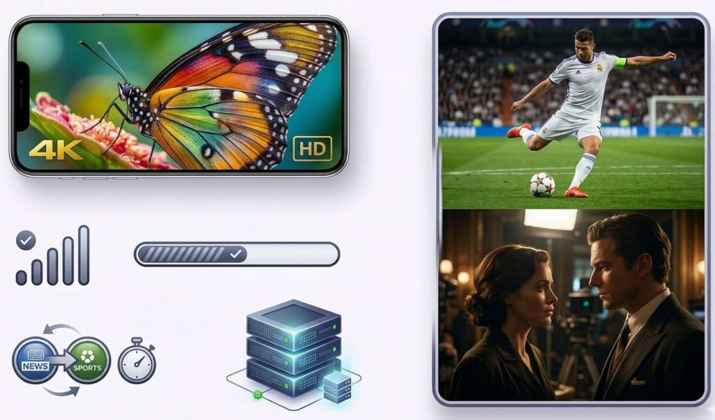 Sky Glass IPTV 4K streaming quality showing high definition sports and movie streaming with stable internet connection.