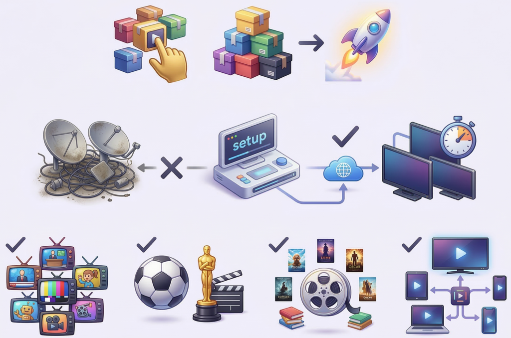 Sky Glass IPTV subscription UK setup showing streaming without satellite dish and watching live TV, sports, movies, and series on multiple devices.